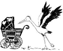 Storch mit Kinderwagen